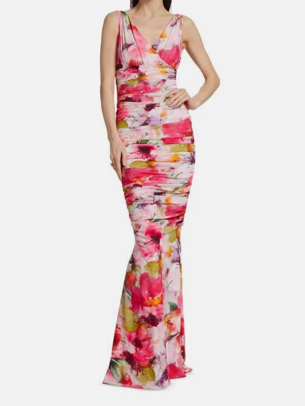Chiara Boni Women's Pink Floral Ruched V-Neck Sleeveless Barbe Dress Size 38